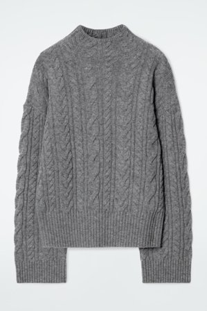 COS Women's Cable Knit Wool Funnel Neck Jumper in Grey