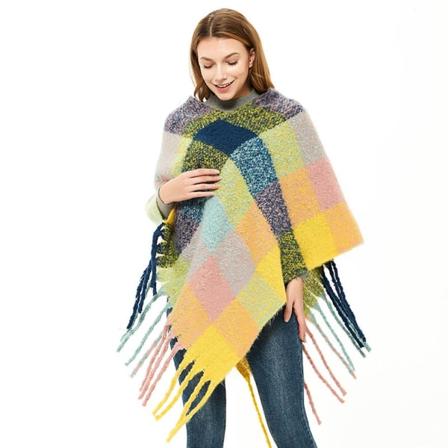 Färgglad Rutig Pullover Hoodie Cape med tofs Lös Thicken Poncho for Lady