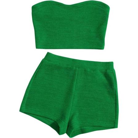 dusa Dam 2-delat set Ribbad Crop Bandeau Tubtopp och Biker Track Shorts Set Grön Liten