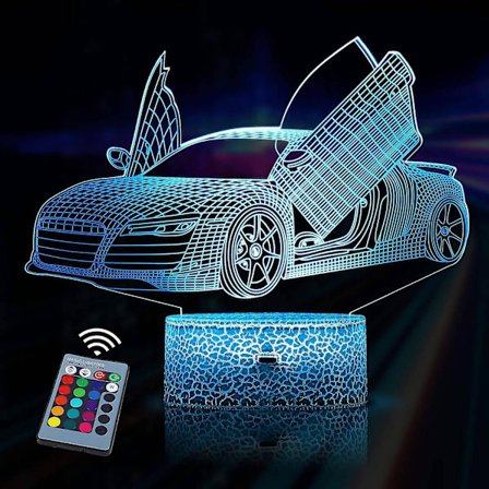 Veilleuse Voiture 3D för Enfants, Lampe LED Illusion med 16 Couleurs Changeantes et Télécommande,