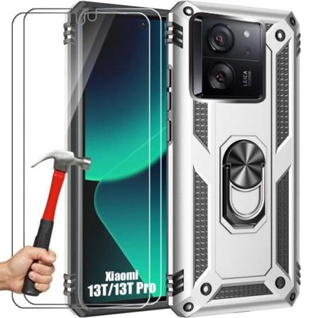 2 hærdede briller + etui til Xiaomi 13T - 13T Pro, solid stiv stødsikker ring bagpå - sølv Silver