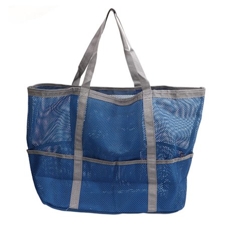 Strandtaske i Nylon, Foldbar Håndtaske, Strandtaske til Skulder, Multifunktionel Mesh Strandtaske til Rejser, Camping, Blå Grå