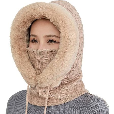1 Vintermössa Stickad Mössa Varm Mössa Cirkelscarf Set Balaclava Vinterstickad Mössa med Fleecefoder för Kvinnor Vindtät Mössa Kallskydd Skidmössa