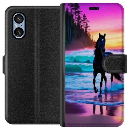 Kompatibelt Lommeboketui til Sony Xperia 10 VI Svart hest på stranden ved solnedgang med fargerik himmel, drømmeaktig naturillustrasjon for plakater o