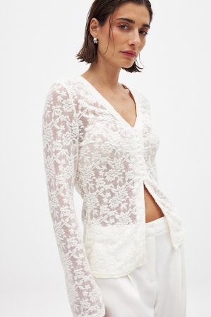 NA-KD Patterned Buttoned Top - Langærmede t-shirts - OffHvid - L (EU 42-44)