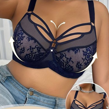 Dame Plus Size Blondekant BH Elegant Blomstret Kontrast