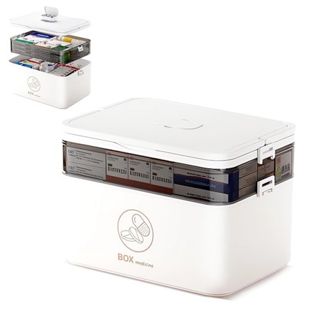 Medisinoppbevaringsboks, Stor medisinlagringsboks med lokk, Bærbar medisinsk husholdningsorganisator for nødhjelp (hvit, 2 lag)