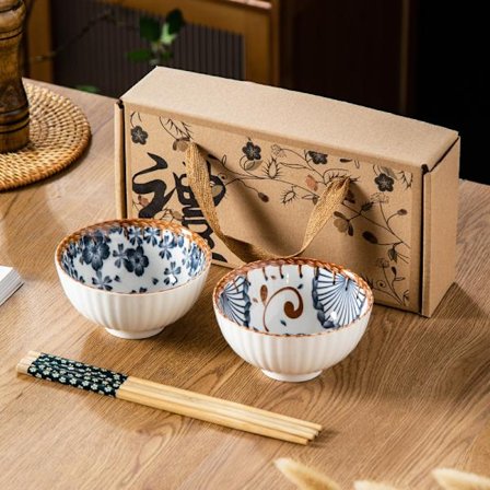 Keramiske ramen skåle i japansk stil, med spisepinde, egnet til udon, soba, ramen, salat og suppe. 2-delt sæt (klassisk design)