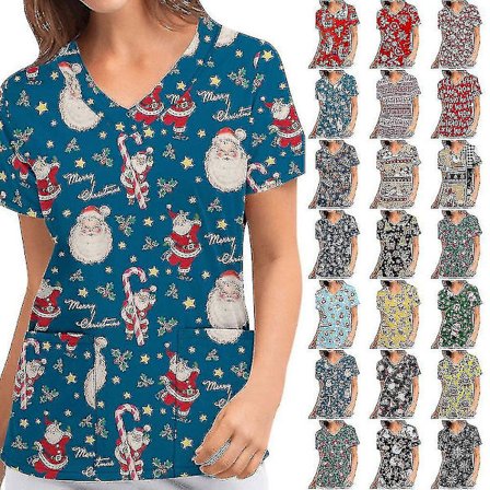 Jul Kvinnor Amningsuniform Scrub Kortärmad T-shirt Xmas Blus Tee Tops V-ringad