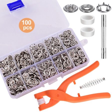 100 Sett trykknappfeste-sett, fem klo spenneverktøysett med festetangverktøysett, rustfritt stål ringknapp for klær håndverk søm