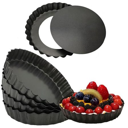 6 stk. 5 tommer mini bageforme med aftagelig bund non-stick rund quicheform, robuste riflet sideforme