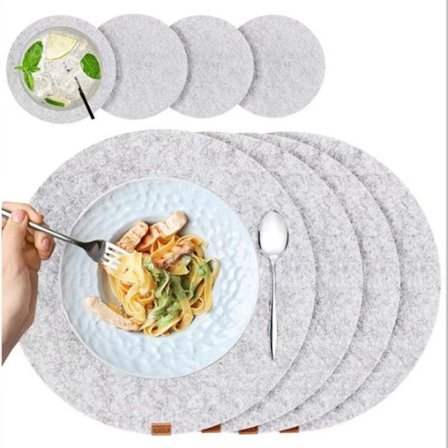 8-delt dækkeserviet - filt og læder - rund 37 cm - til 4 personer, vaskbar, 4 dækkeservietter, 4 coasters (Heather Grey)