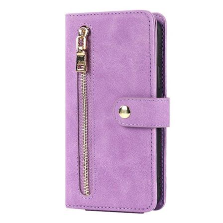 Etui til iPhone 13 lys lilla frontlomme glidelås lommebok i skinn