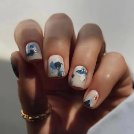 Kvadratiske Tryk-på Negle Korte Falske Negle med Blå Blomsterdesign Fuld Dækning Glimtende Akryl Falske Negle Naturlig Effekt