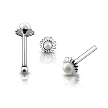 1 stk. Solformet nesepiercing i sølv med hvit perle (rett)