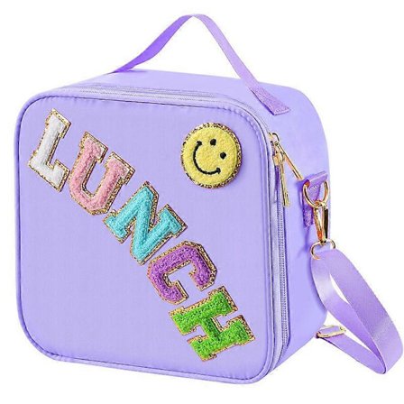 Isolerad Lunchväska med Justerbar Axelrem, Preppy Lunchbox i Nylon, Isolerad Väska med Chenille Bokstavspatch Dekoration För Sch (FMY)