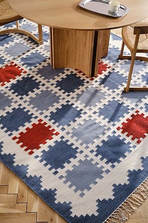 Jotex - Uldgulvtæppe Bomuld/Uld Blå Ternet TENELLA Køb Uldtæpper hos Jotex