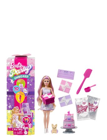 Party Unboxed Pet Birthday Series Doll & Accessories, Birthday Bows Set With 10 Surprises Patterned Barbie