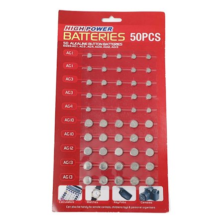 50 st AG1/AG3/AG4/AG10/AG12/AG13 set för watch Toy Clock Miniräknare Mixed Button Coin Cell Battery Set