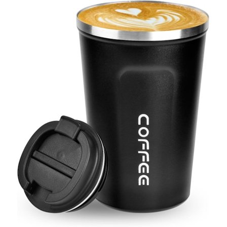 Kahvin termosmuki, 380 ml eristetty kahvikuppi tiiviillä kannella, uudelleenkäytettävä ruostumattomasta teräksestä valmistettu kaksiseinäinen 