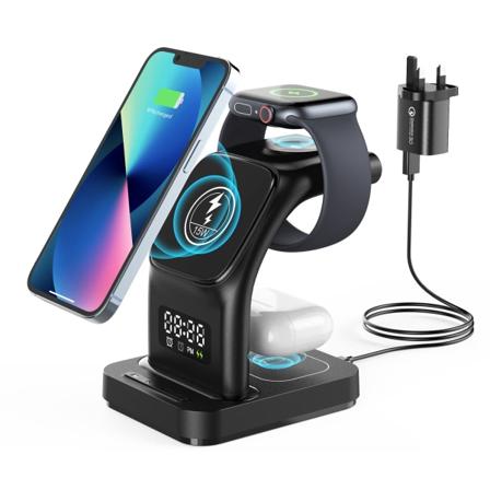 Langaton laturi, 5-in-1 pikalataus iPhone 12+:lle (magneettisella sarjalla), 15 W QI kellolla | Yövalo Apple iWatchille/AirPodseille