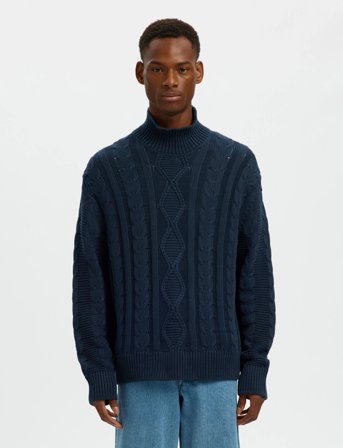 Selected Slhuffe Ls Knit Relaxed Cable High Neck - Navy - M