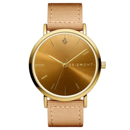 Moment | Gold-Tone Minimalist Dress Analog Quartz Movement Watch With Champagne Dial & Sand-Coloured Nylon Strap for Men - Wrist watches