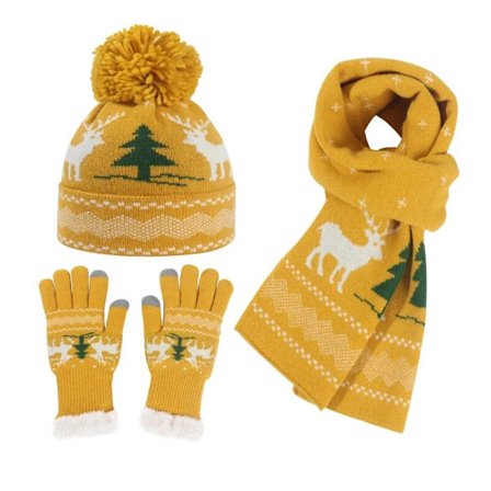 3st Set Dam Vinter Jul Cosplay Stickad Mössa Handskar Scarf Set Nyårspresent Förtjockad Möss Keps Set Lång Scarf gul