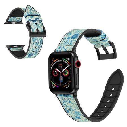 Apple Watch Series 6 / 5 44mm silikone + læderbelagt urrem - Mønster Blå Blue