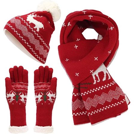 Varmt lue-, skjerf- og vantesett, 3 deler, for kvinner, rødt fleecefôr, pomponer, julegave