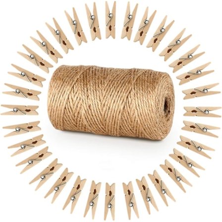 Havesnor med 100 træ klemmer 3,5 cm hobby snor jute snor