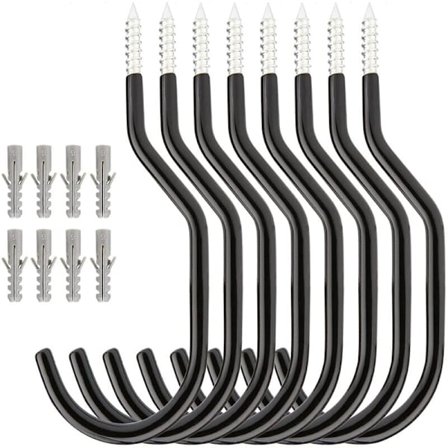 Set med 8 svarta takkrokar i stål för väggförvaring av cyklar