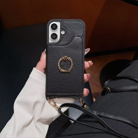 Fodral för iPhone 14 6.1 svart crossbody ring fiskbensmönstrad solid herr hel anti-fall klistermärke