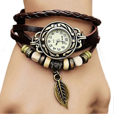 Retro Multilayer Blad Vedhæng Perle Flettet Kunstlæder Quartz Armbåndsur