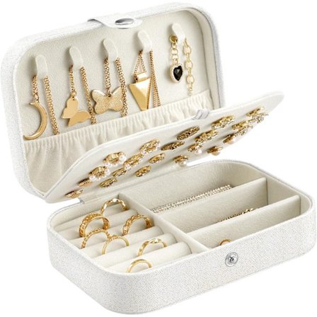 Liten researrangör för smycken, förvaringsfodral för halsband, ringar, armband, örhängen, premium konstläder, smyckeskrin i presentförpackning till 