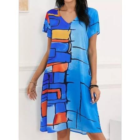 Kort Trefärgad Party Print Sleeve Klänning V-ringad Dam Stripe