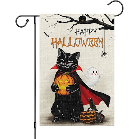 1 stk. Halloween Sort Kat Haveflag 30x45 cm Dobbeltsidet, Sækkelærred Lille Velkommen Halloween Spøgelsesagtig Græskar Have Hus Flag