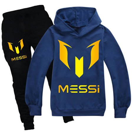 Barn Messi Vår/Høst Treningssett Hoodie Genser T-skjorte + Sportbukser Marineblå