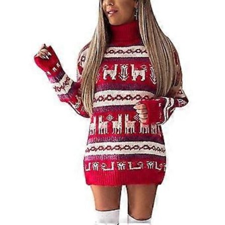 Dame Løstsiddende Højhalset Lang Trøje Kjole (L Rød)