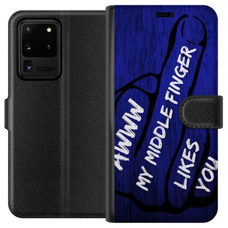 Kompatibelt Lommeboketui til Samsung Galaxy S20 Ultra Mørk typografisk illustrasjon med hjerteform og budskap om vennskap mot dyp blå tretekstur