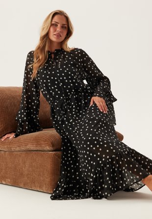 Object Collectors Item - Objgina L/S RE LONG DRESS RE L - Black AOP:WHITE DOTS - Kläder - - Bubbleroom