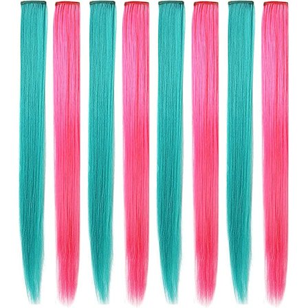 21'' 8 stk. farvede hårstykker til pigers fest - farvede hårextensions med clips til piger og børn - hårtilbehør (blågrøn/pink)