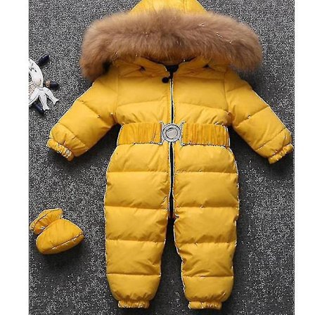 【14y】Unisex babyoverall med hette | 0-24 måneder | Gutt- og jenteoverall med pelskrage 60 cm gul