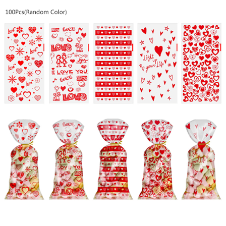 100 STK Valentine's Day Hjerte Cellofanposer Med Twist Slips Julegodbit for sjokoladeposer Cookie Poser Gave