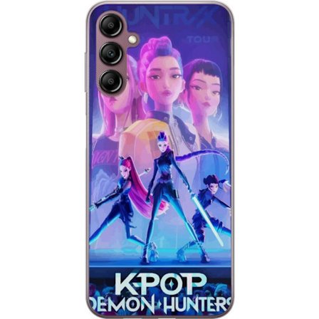 Kompatibelt Mobildeksel til Samsung Galaxy A14 5G K-Pop Demon Hunters handling med futuristiske heltinner, neonlys og animeenergi som skaper en dramat