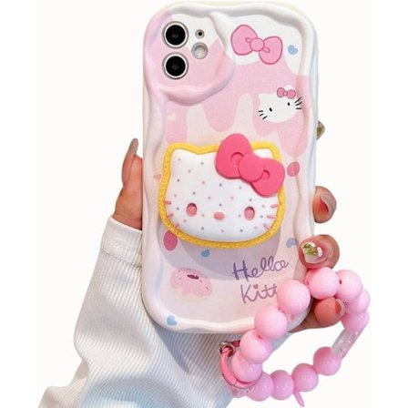 Kompatibelt Søtt Katte-deksel for iPhone, Rosa Kawaii med Stativ og Anheng, Tegneserie Gjennomsiktig Mykt TPU-skall