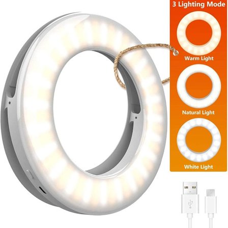 Selfie-lys til mobiltelefon, 20 LED-ringlys, fjernkontroll, USB-oppladbar KLB