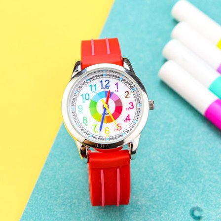 Plast blødt bånd børnefarve cirkel vandtæt ur dreng pige 24 timer 60 minutter kvarts elektronisk ur sødt tegneserieur rød