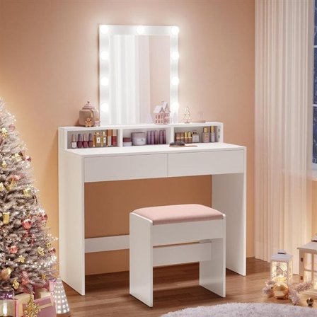 Kommodebord med LED-opplyst speil, 2 skuffer og flere oppbevaringsrom - Hvit