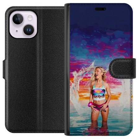 Yhteensopiva Lompakkokotelo Apple iPhone 15 Plus Vaalea nainen kirjavia rantavaatteita pelaa meressä auringonlaskun aikaan